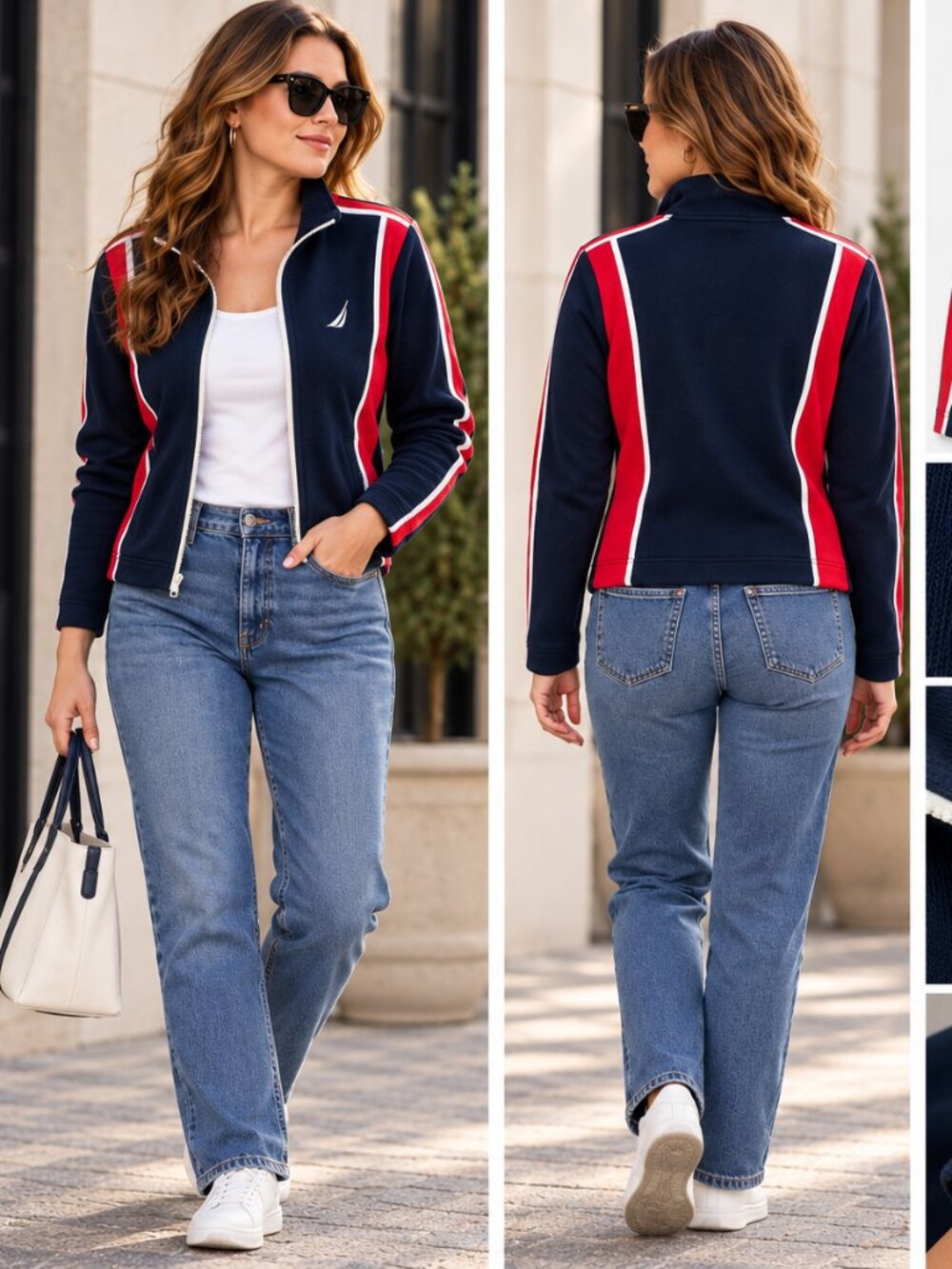 Nautica Track Jacket M Navy Red White Full Zip Cotton Preppy Coastal